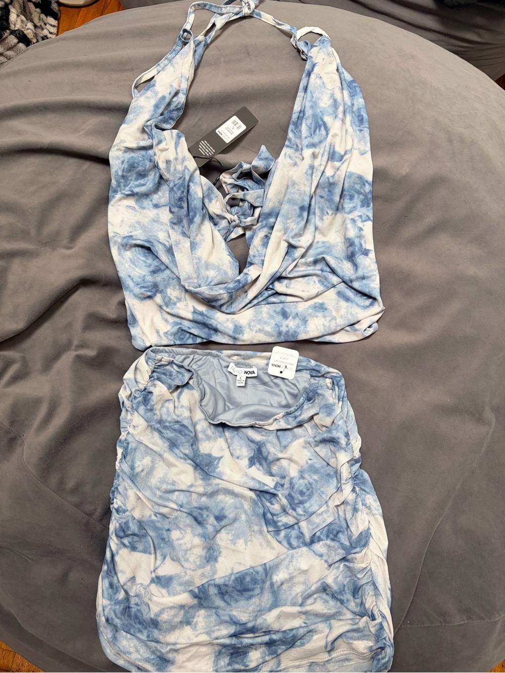 Fashion Nova Blue and White Tie-Dye Halter Crop Top & Skirt Set